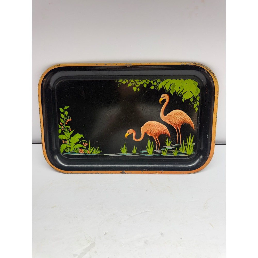 Vintage Metal Flamingo Serving Tray Black Pink Tropical Tiki Bar Decor Rect